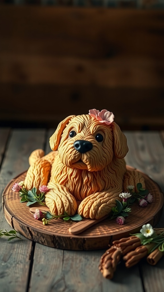 A beautifully crafted dog cake designed to look like a playful puppy, adorned with flowers and greenery.