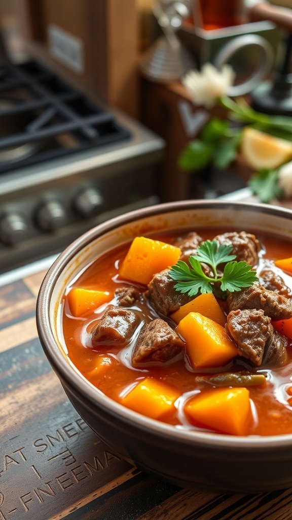 A bowl of beef and sweet potato stew for dogs, featuring chunks of beef and sweet potatoes in a rich broth.