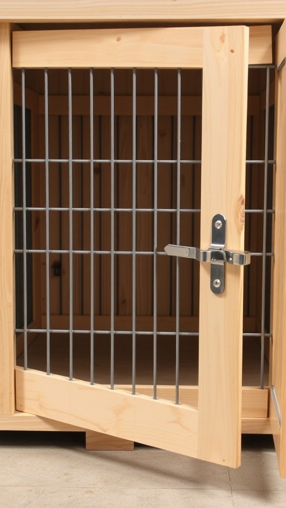 A wooden dog crate with a metal barred door and latch