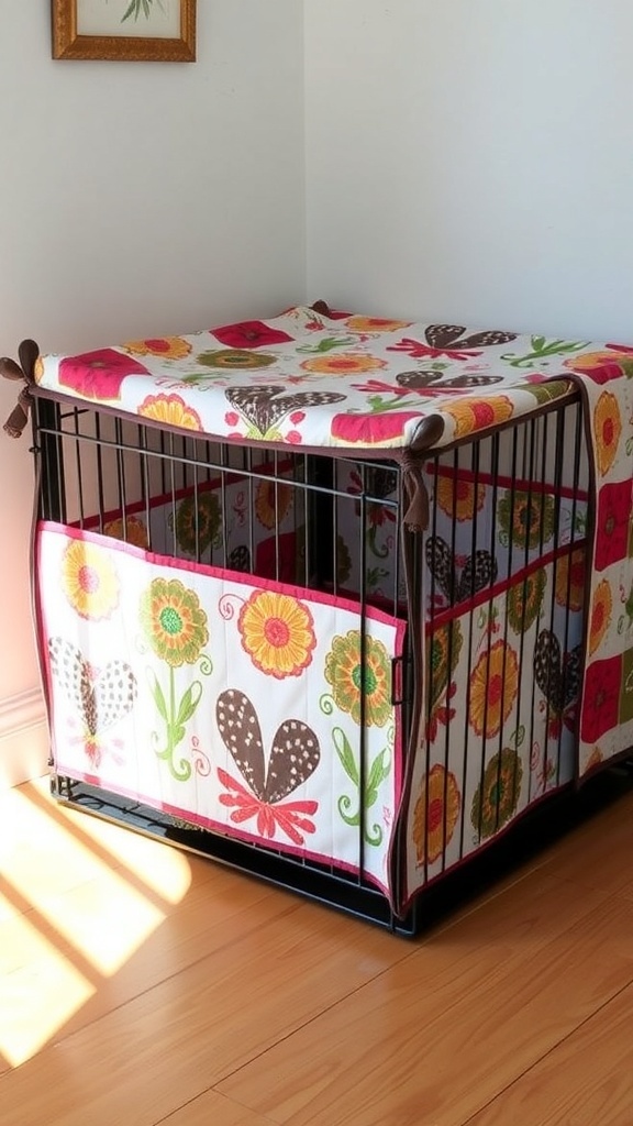 Colorful decorative cover on a dog crate featuring flowers and butterflies