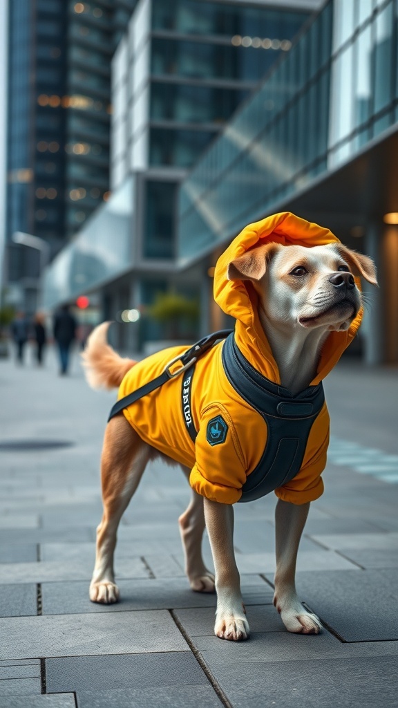 A dog wearing a bright yellow jacket with a hood, standing on a city sidewalk.