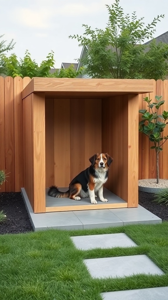 A modern minimalist dog house with a dog standing at the entrance, surrounded by plants.