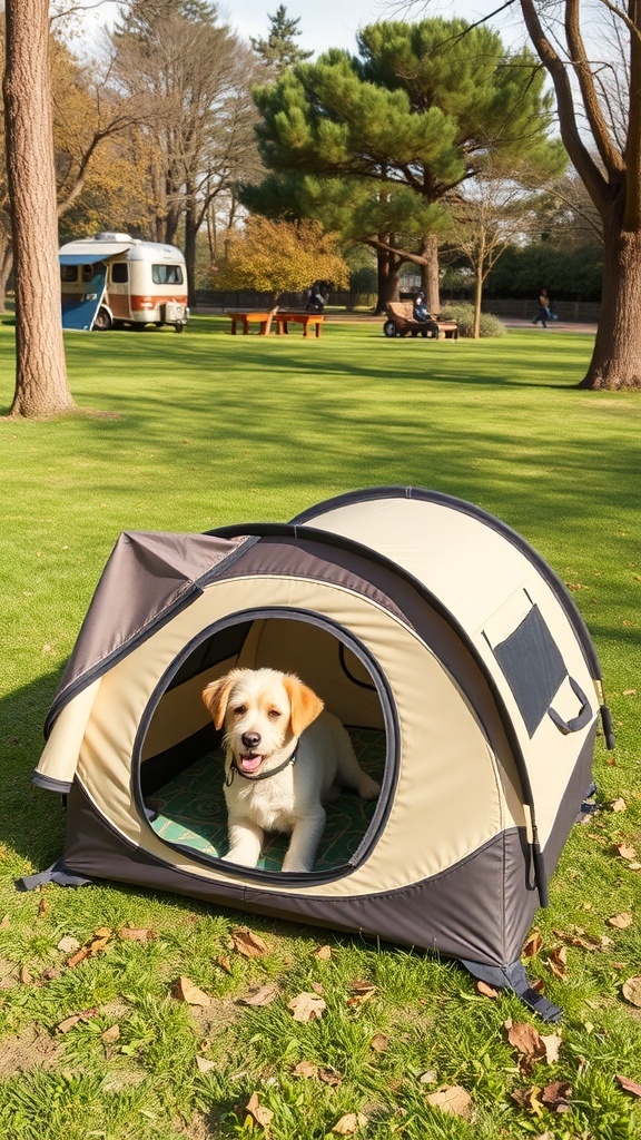 Two dogs sitting inside a portable dog house in a park setting