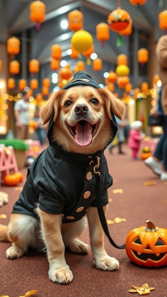A happy dog in a stylish black outfit with buttons, sitting beside a pumpkin in a festive setting.