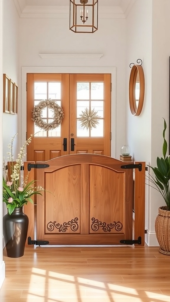Stylish wooden dog gate in a home entryway