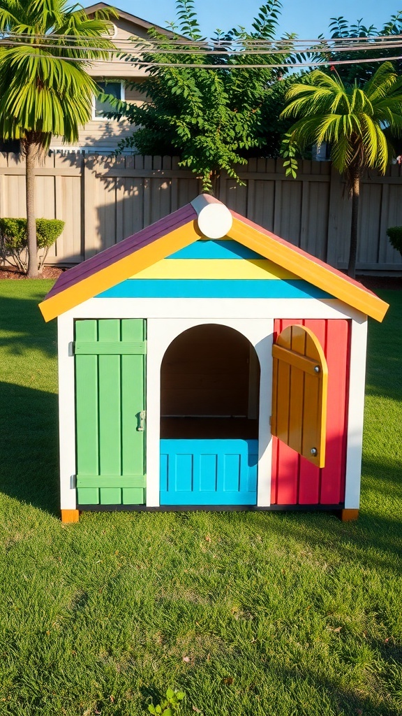 A colorful modular dog house with multiple doors and sections, set in a green yard.