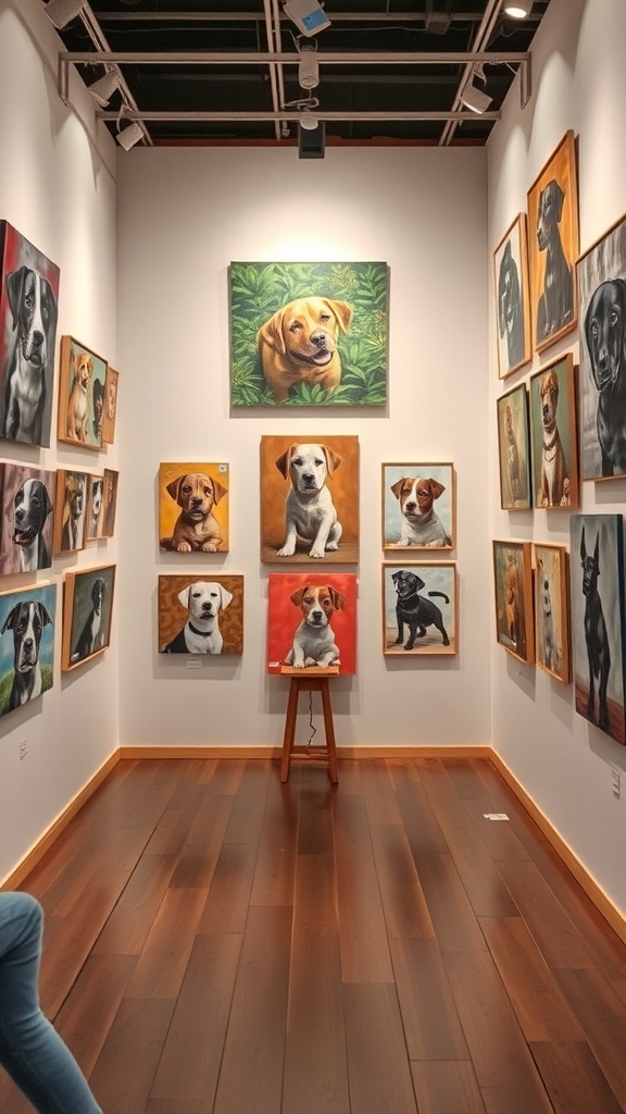 A gallery filled with dog paintings and visitors admiring the artwork.