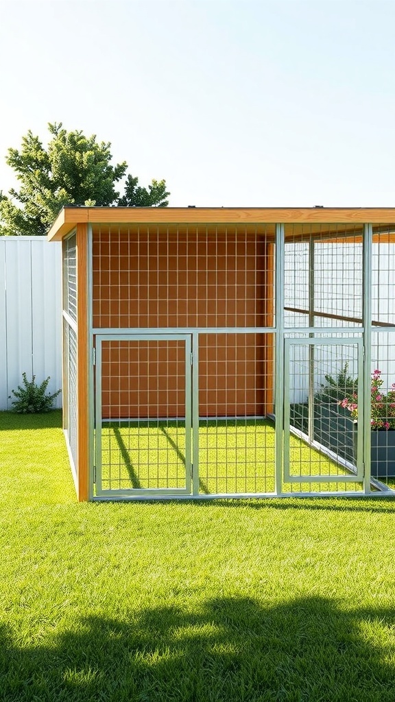 A modern customizable modular dog kennel with a metal grid and wooden panels in a green yard.