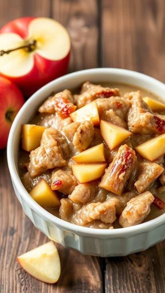 A bowl of Pork and Apple Mash for dogs, surrounded by fresh apples.