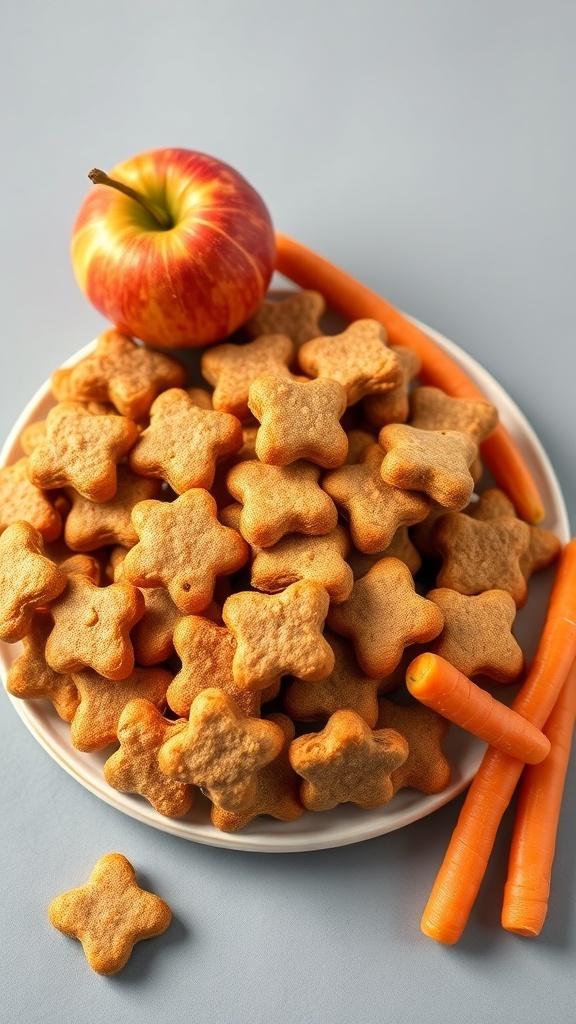 A plate of homemade apple and carrot dog treats shaped like stars, with a red apple and orange carrots beside them.