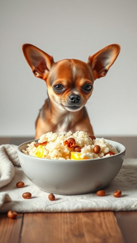 A Chihuahua looking at a bowl of rice and egg breakfast