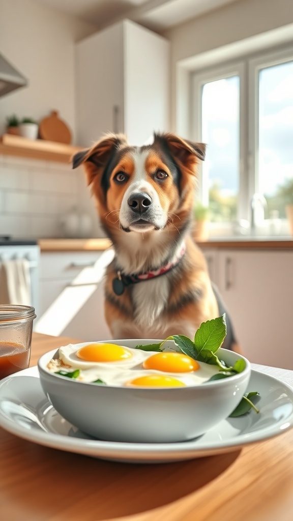 A bowl of eggs with spinach, with a dog looking at it eagerly in a kitchen setting.
