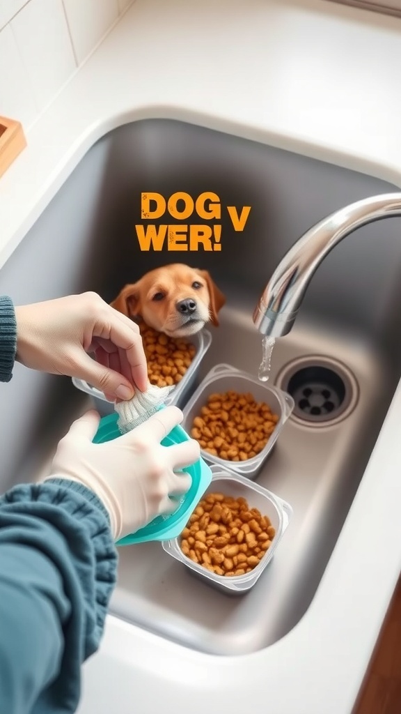 A person cleaning dog food storage containers in a sink with a puppy looking on.