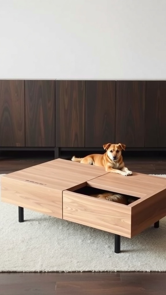 A modern coffee table with a hidden crate, featuring a dog resting on top.