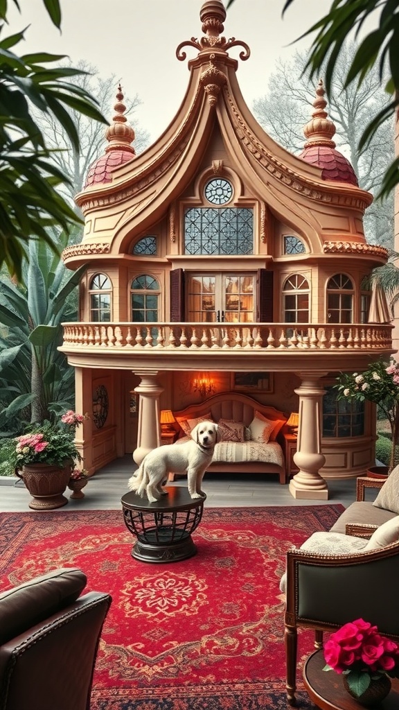 A luxurious dog mansion with intricate architecture, surrounded by plants, featuring a cozy interior.
