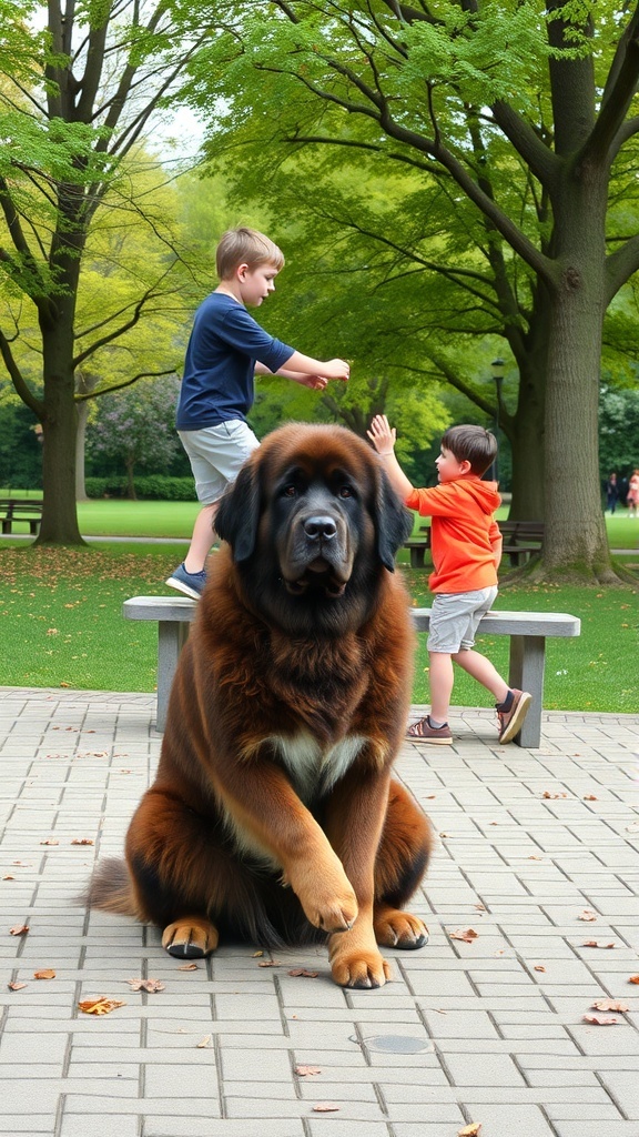 A Newfoundland dog sitting calmly while two children play in a park.