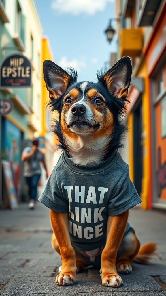 A dog wearing a graphic tee that says 'THAT PINK SINCE' in a colorful street setting.