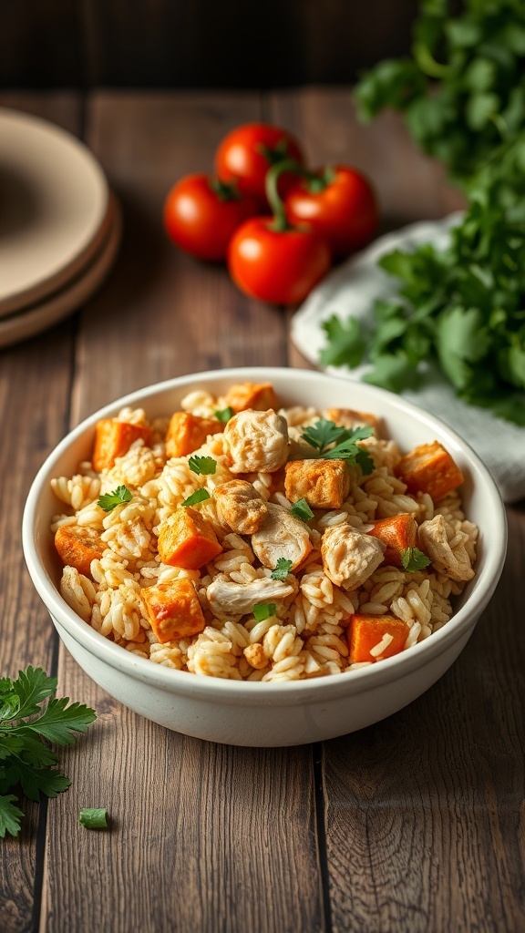 A bowl of chicken and rice with sweet potatoes and peas, garnished with cilantro.