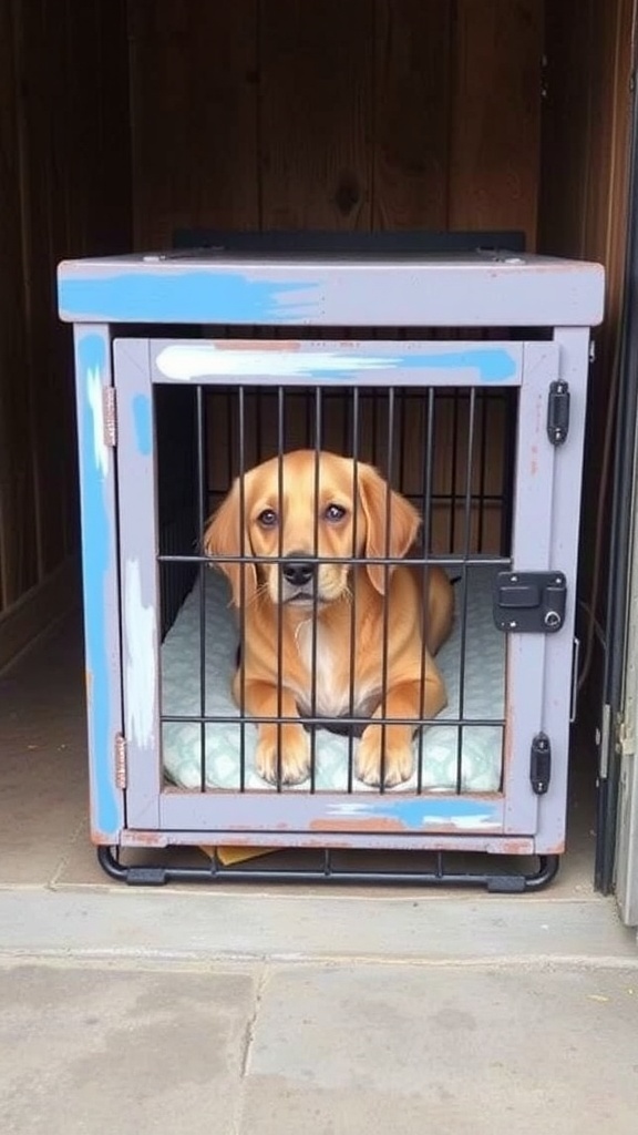 A dog resting in a DIY crate with a cozy interior