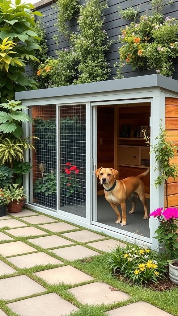 A dog standing in a modern kennel surrounded by vertical garden plants.