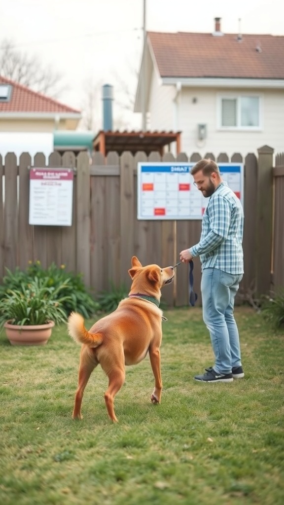 A person training a dog in a backyard with a training schedule visible on the fence.