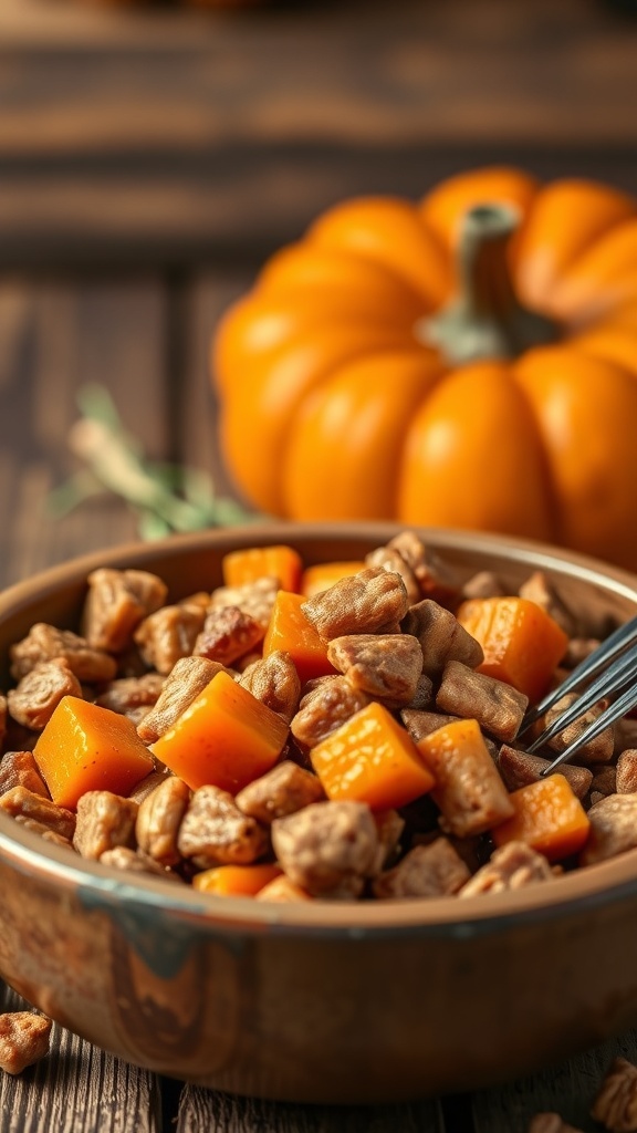 Bowl of turkey and pumpkin dog food with chunks of pumpkin and turkey pieces.