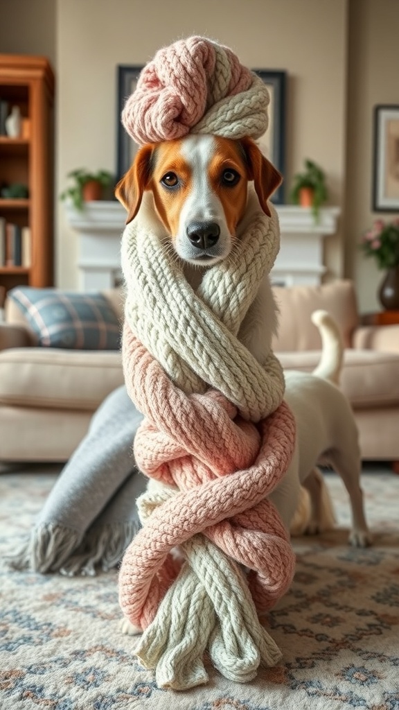 A dog wrapped in a colorful knotted blanket toy