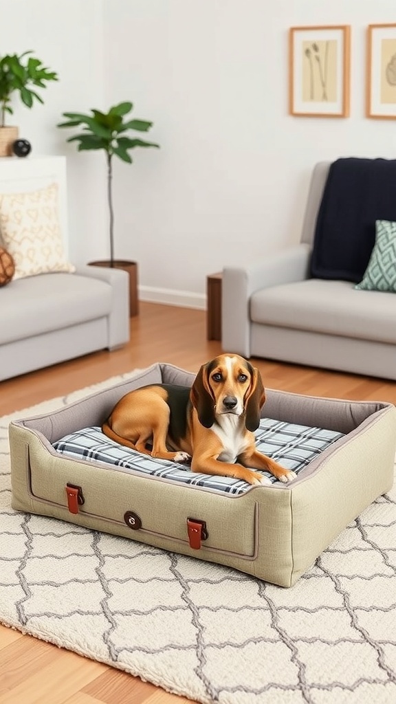 A dog resting on a memory foam orthopedic bed in a cozy living room setting.