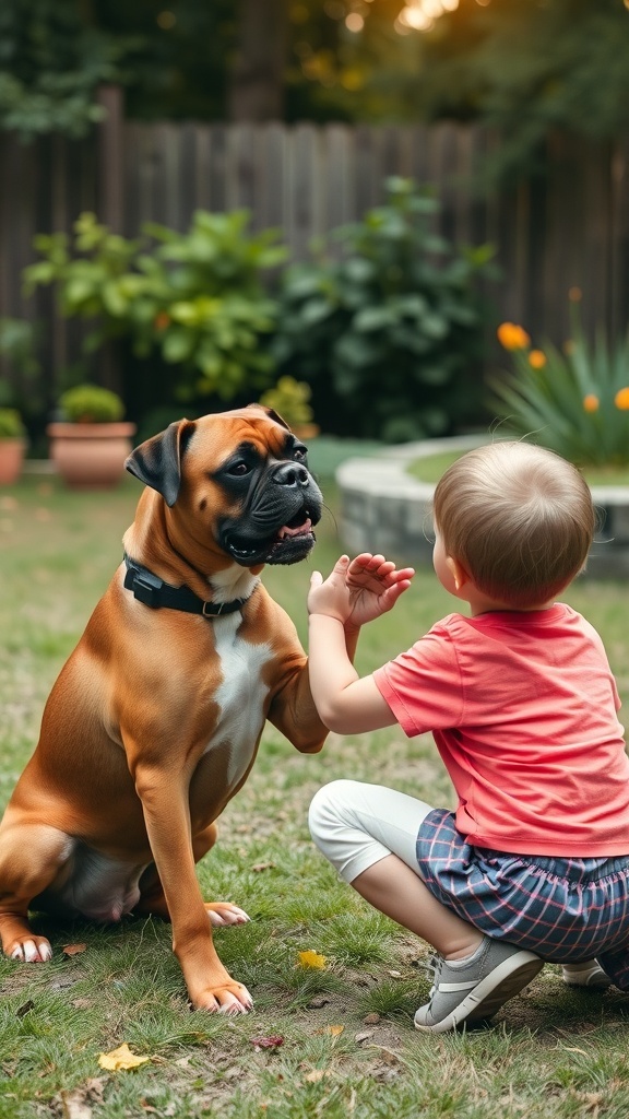 A Boxer dog interacting playfully with a young child in a garden setting.