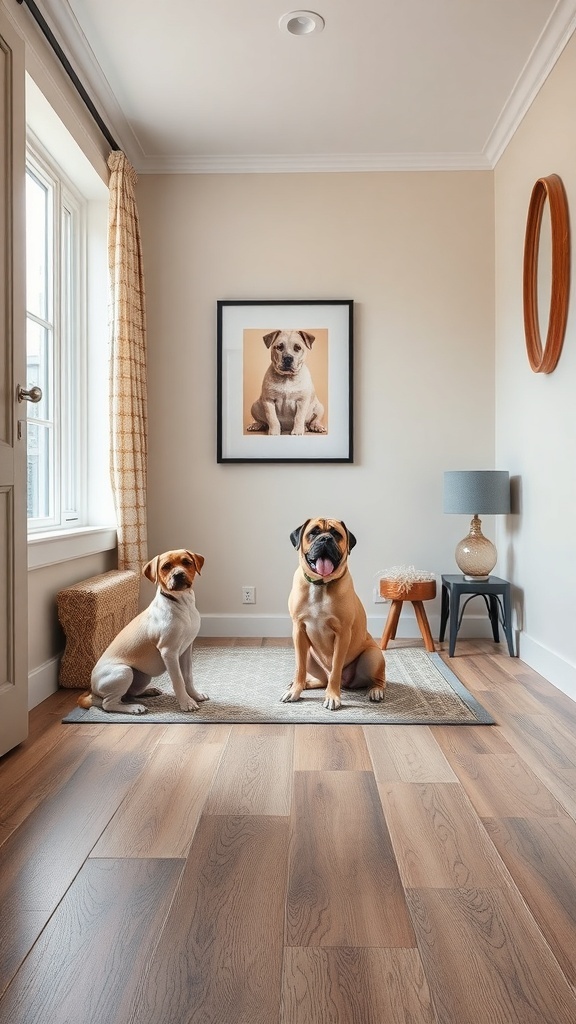 A cozy room with two dogs on a stylish rug, showcasing durable flooring options.