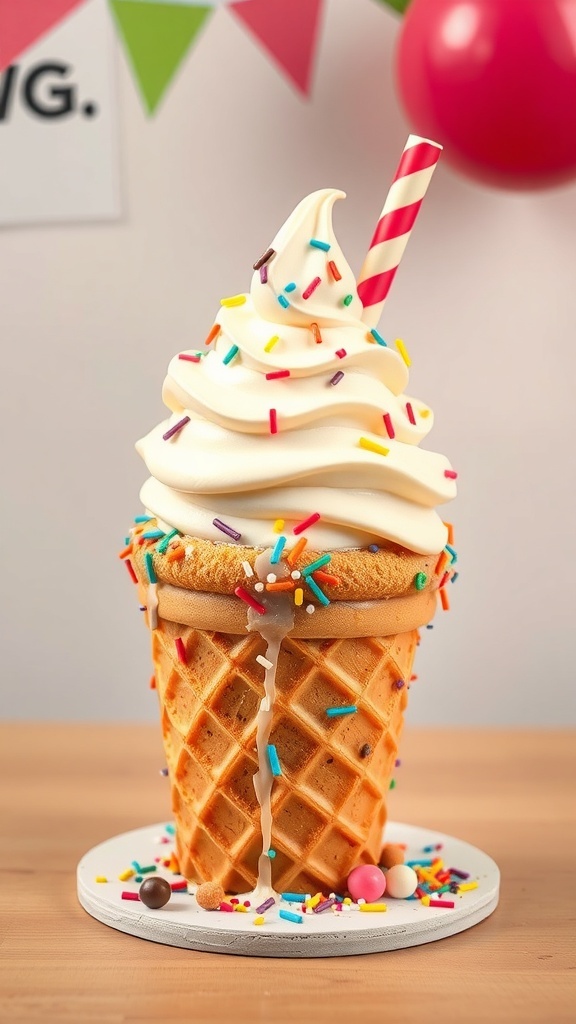 A whimsical dog-themed cake designed to look like an ice cream cone, topped with sprinkles and a straw.
