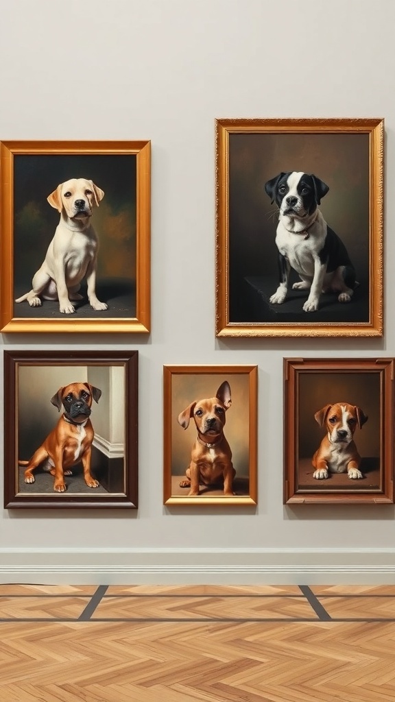 A gallery wall displaying various dog portraits in ornate frames.