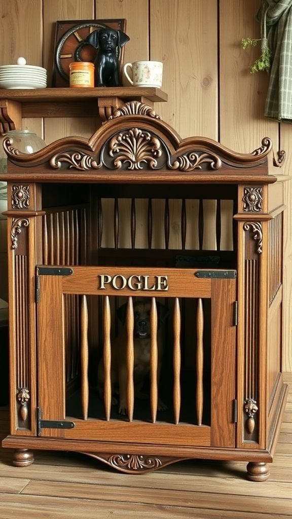 A vintage style wooden dog crate with intricate woodwork and a nameplate.