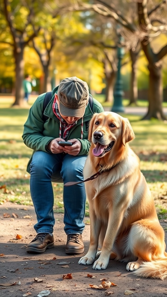 A Golden Retriever sitting next to a person in a park, showcasing a friendly bond.