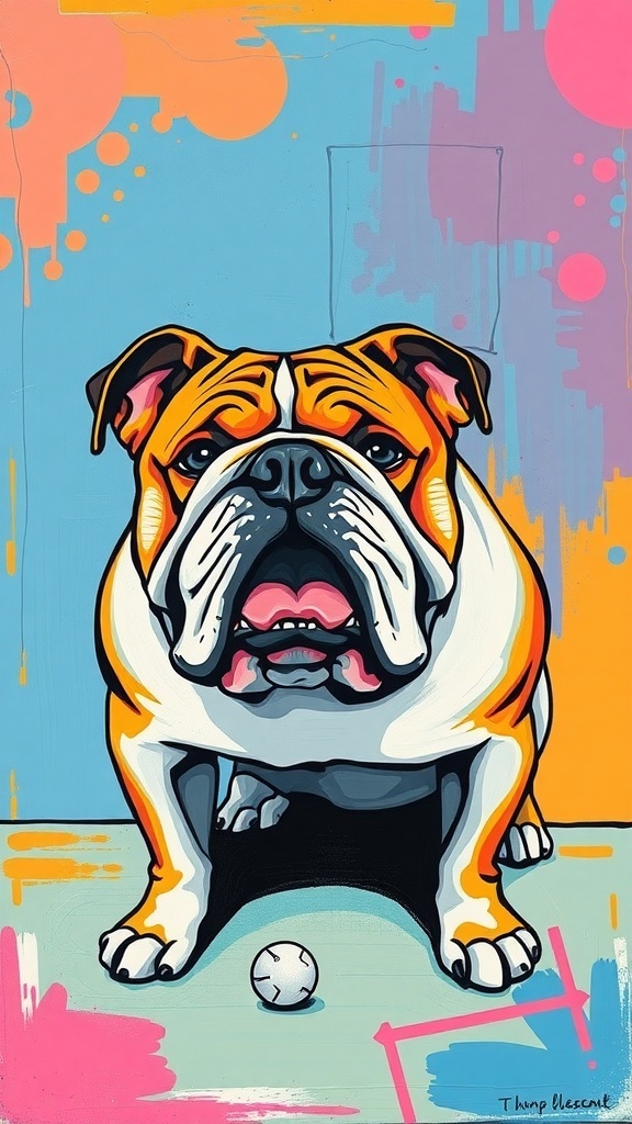 A colorful painting of a bulldog with a playful expression, set against a bright background.