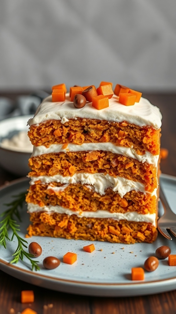 A delicious Sweet Potato and Chicken Layer Cake for dogs, decorated with carrot pieces and dog-safe treats.