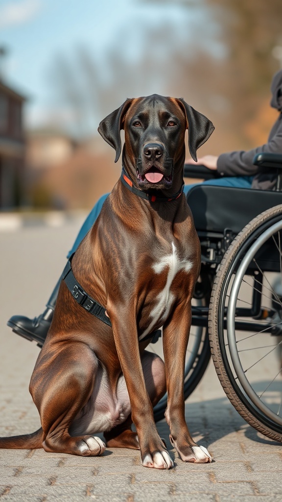 A Great Dane sitting next to a person in a wheelchair, showcasing its role as a service dog.