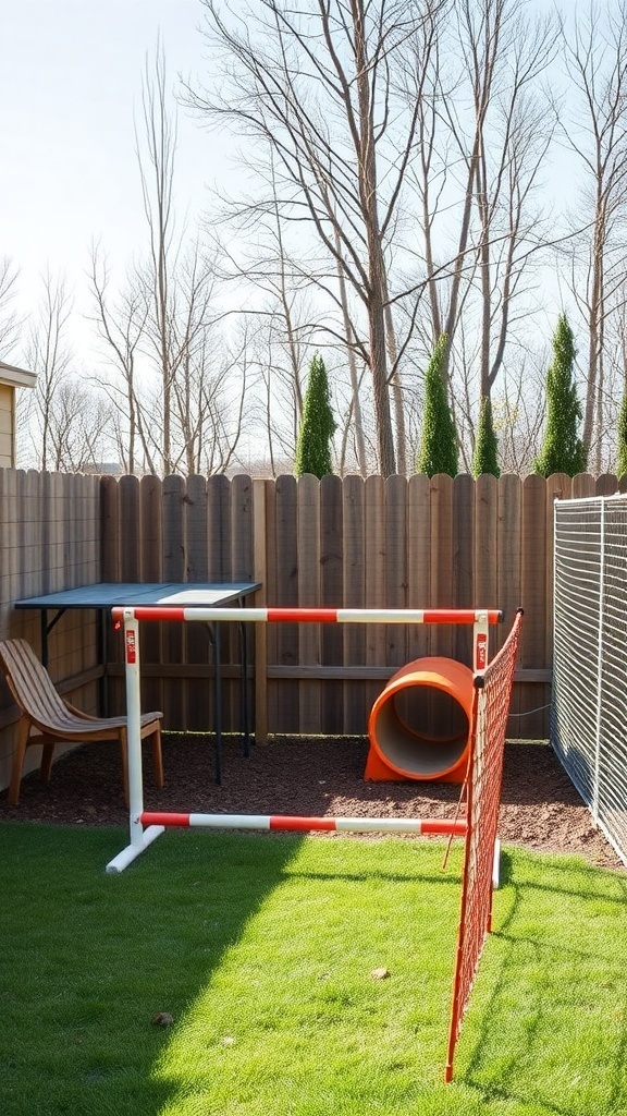 Outdoor dog agility course with jumps and a tunnel in a fenced area