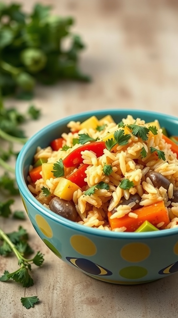 A colorful bowl of rice and veggie stir-fry for dogs, featuring rice, carrots, bell peppers, and peas.