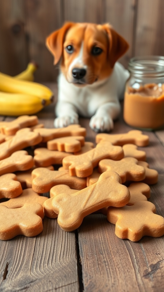 A collection of homemade peanut butter and banana dog biscuits shaped like bones, with a dog looking on in the background.