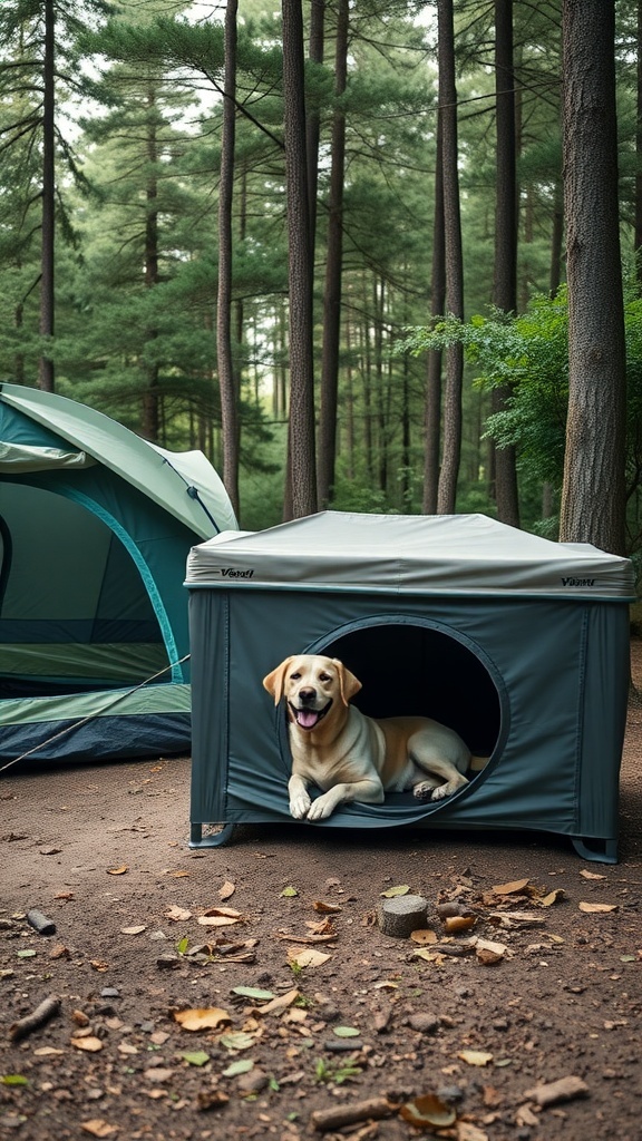 A happy dog relaxing in a portable dog house next to a camping tent in a forest.