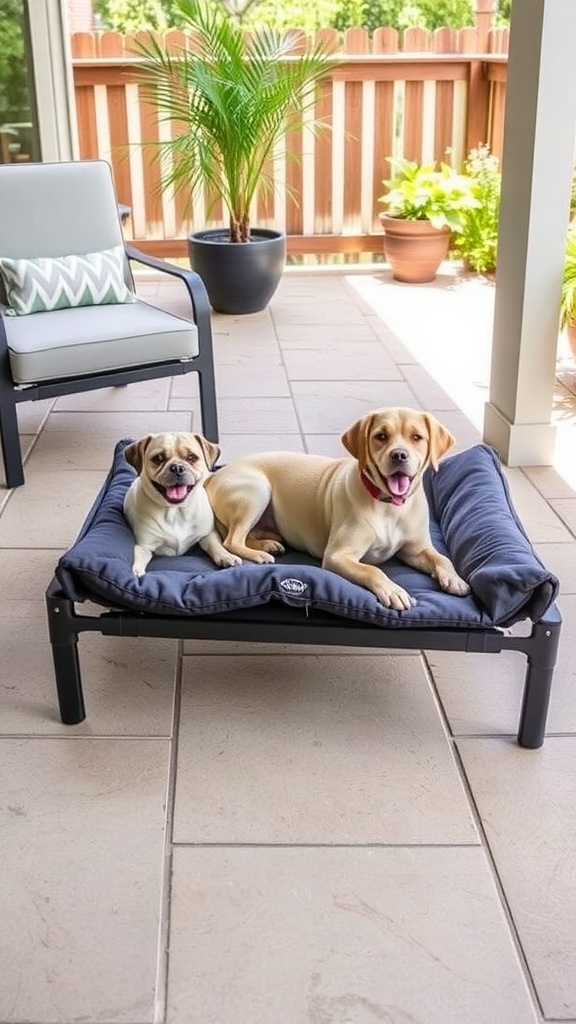 A happy dog lounging on an elevated dog bed in a garden setting.