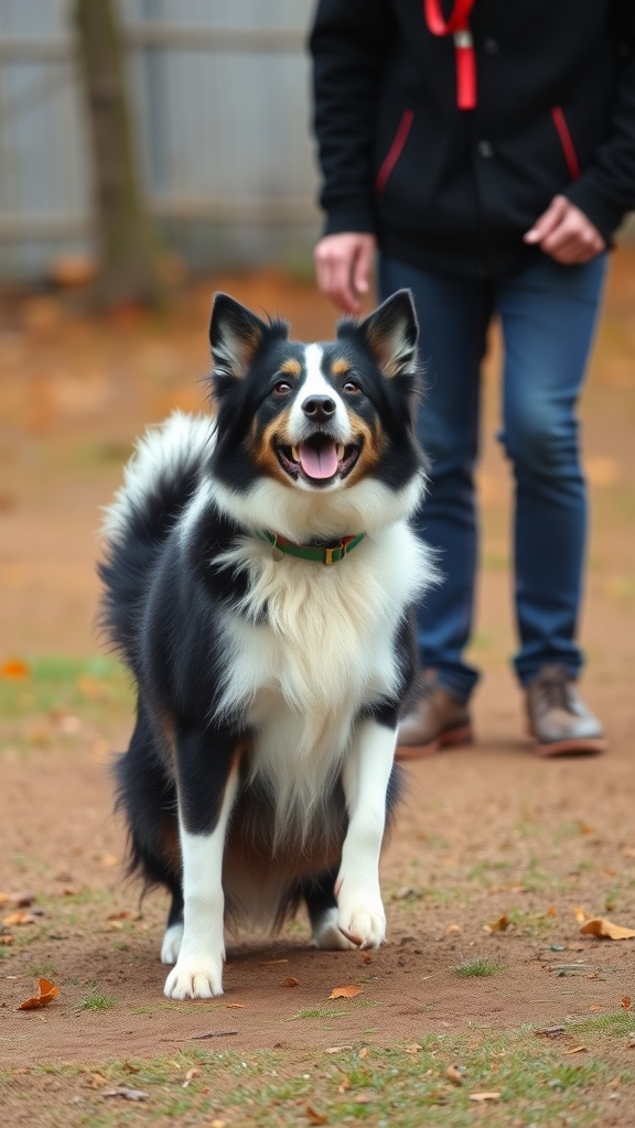 A happy Border Collie standing in a park, looking up at its handler.