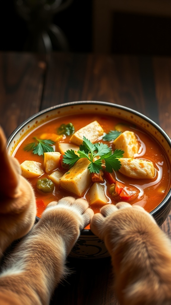 A bowl of vegetable and chicken stew with chihuahua paws reaching for it