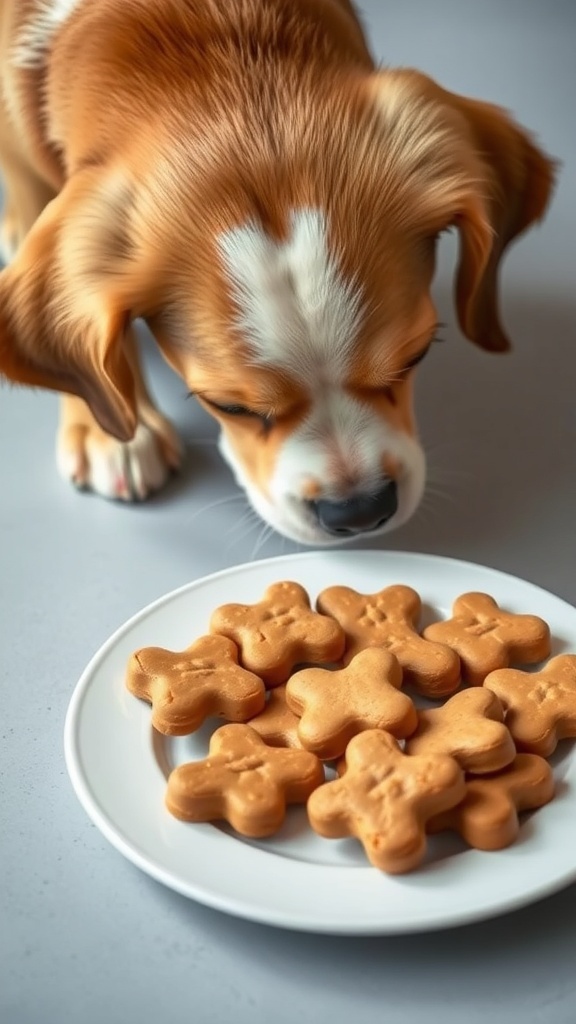 A dog sniffing a plate of homemade peanut butter treats shaped like bones.