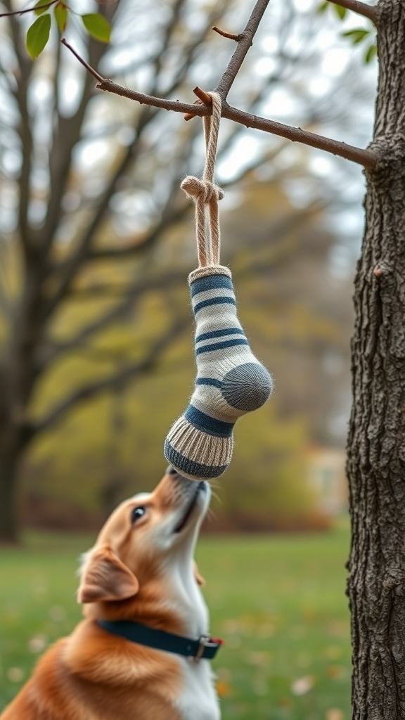 A dog sniffing a sock toy hanging from a tree branch