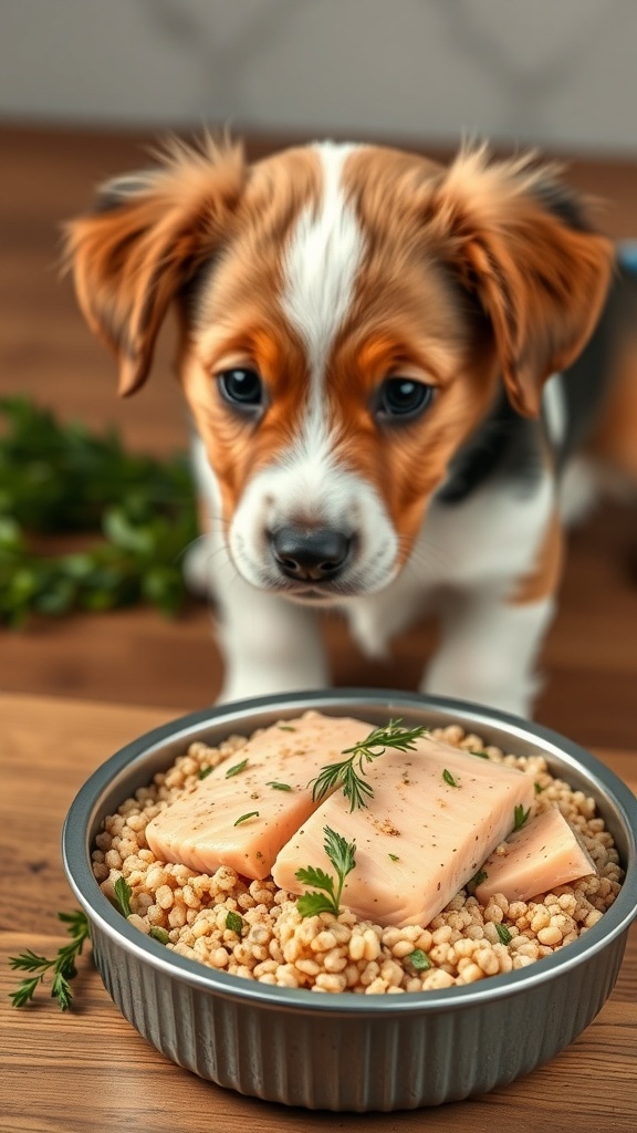 A puppy looking at a bowl of fish and quinoa nourish bowl, garnished with herbs.