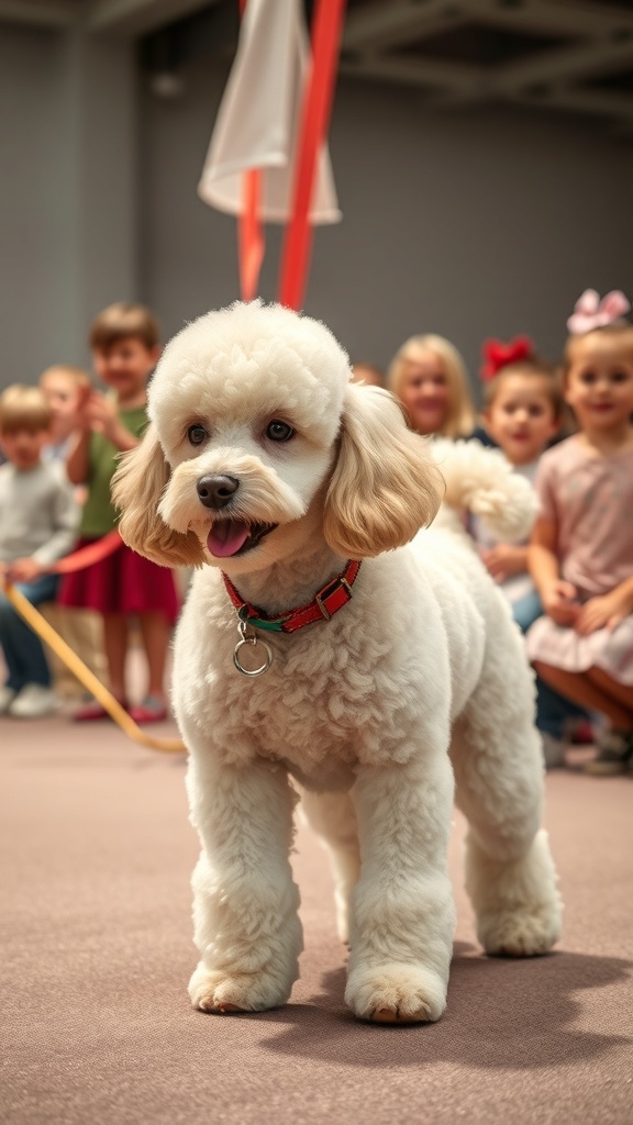A cheerful Poodle in front of a group of children, showcasing its friendly nature.