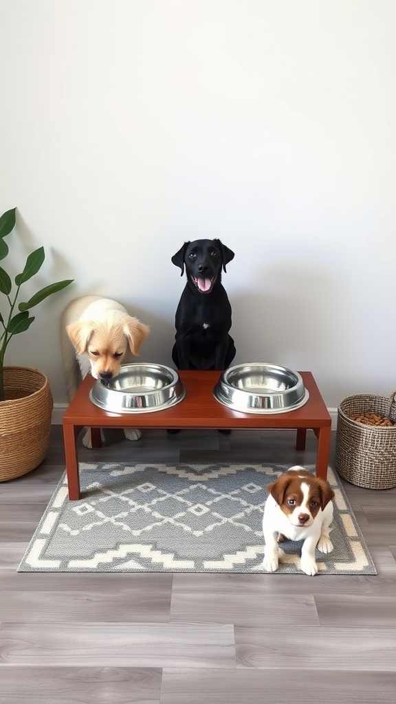 Three dogs at a stylish feeding station with elevated bowls on a patterned rug.