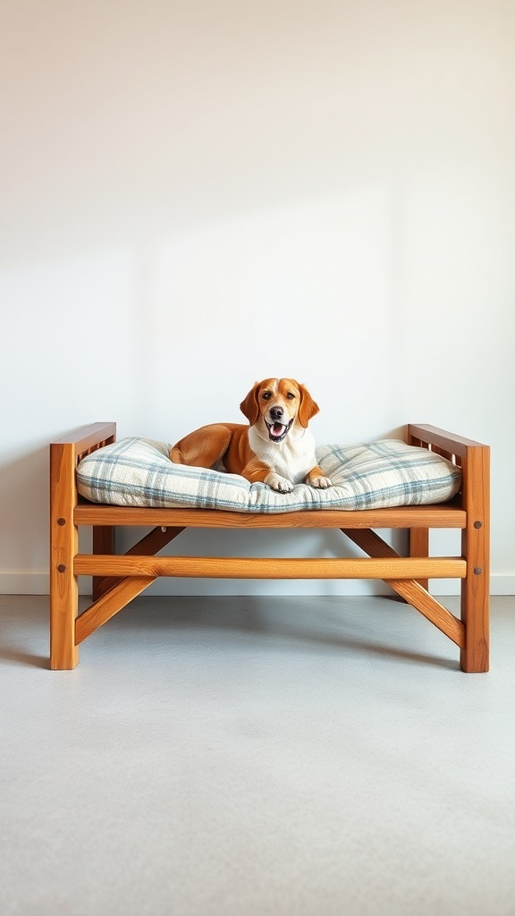 A happy dog resting on a DIY elevated dog bed made of wood with a soft cushion.